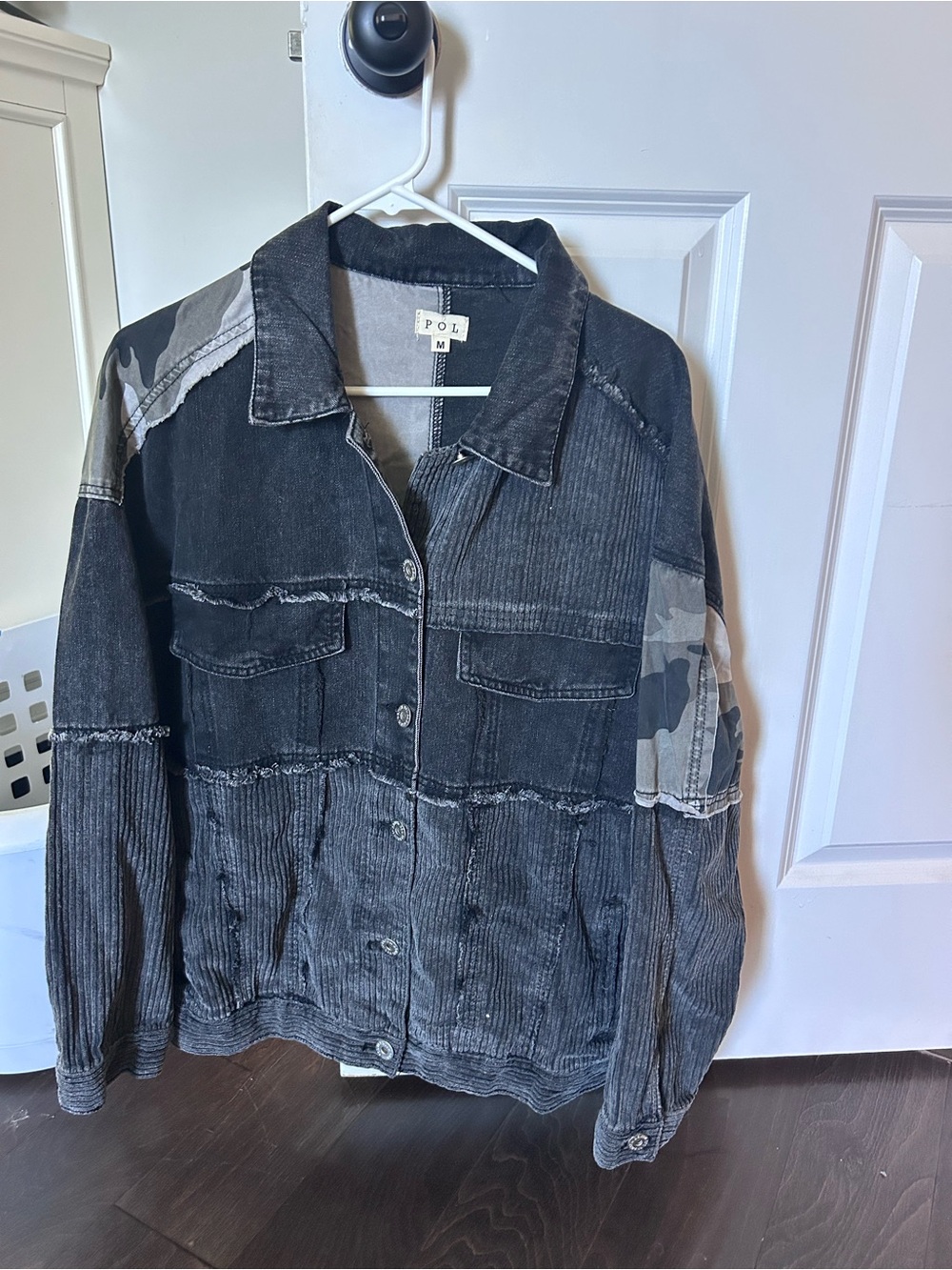 POL Black Washed Patchwork Denim & Camo Accent Jacket